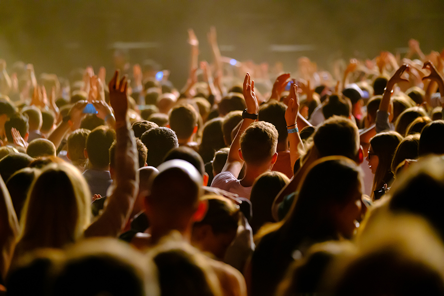 Une foule en fête avec des mains levées, symbolisant les événements et le divertissement à La Fistinière.