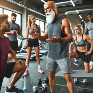 Un coach musclé et barbu en train de motiver un groupe de jeunes sportifs dans une salle de sport moderne.