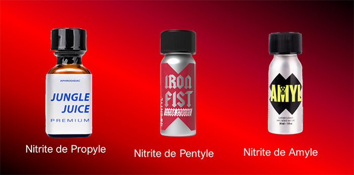 Trois flacons de poppers alignés sur un fond rouge, représentant les nitrites de Propyle, Pentyle, et Amyle.