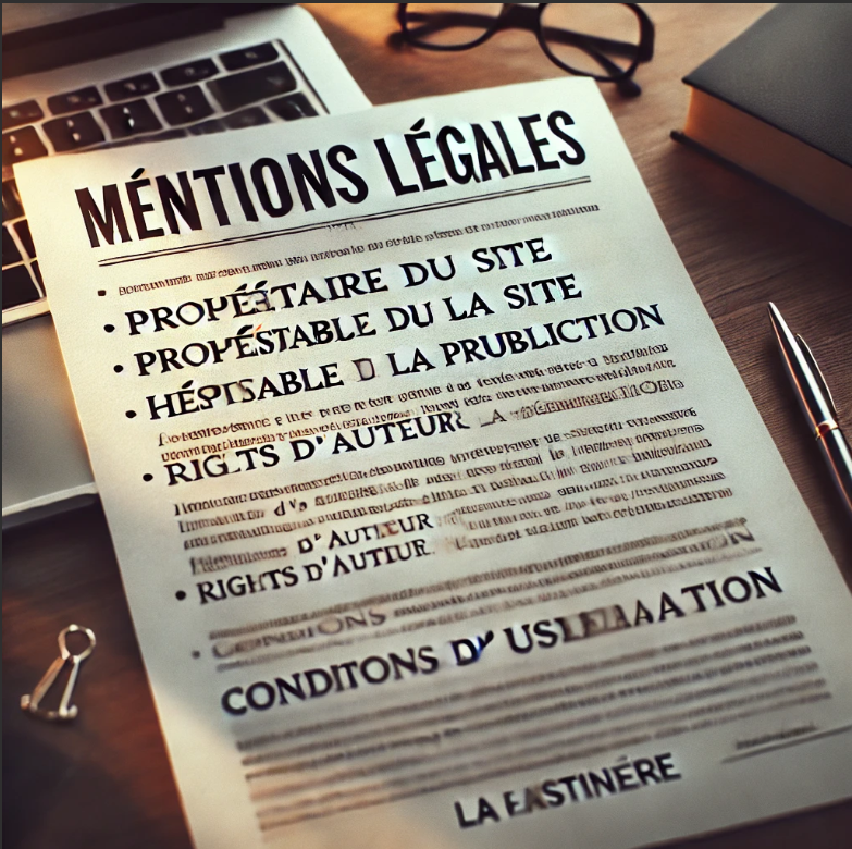 Document des mentions légales de lafistiniere.com sur un bureau avec un ordinateur portable, un stylo, des lunettes et un carnet.