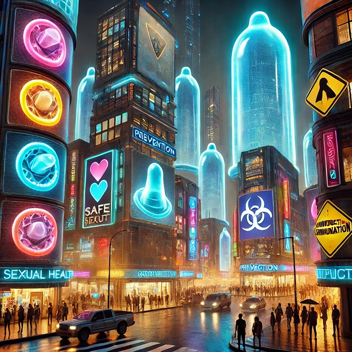 Illustration d'une ville futuriste avec des gratte-ciels en forme de préservatifs géants, des affiches lumineuses promouvant la santé sexuelle, la protection et la prévention.