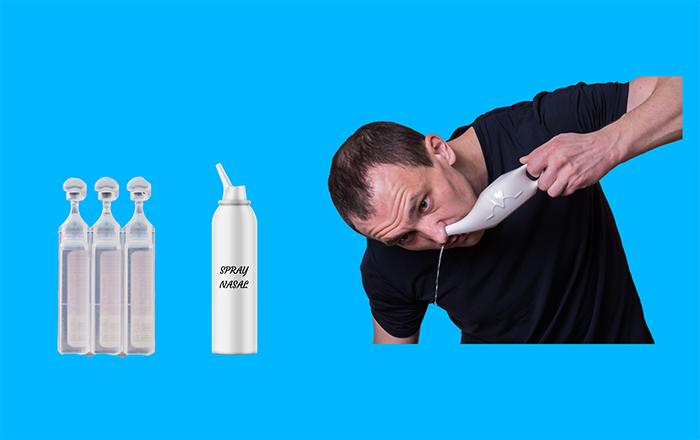 Image montrant des flacons unidoses, un spray nasal, et un homme utilisant un pot Neti pour rincer ses narines.