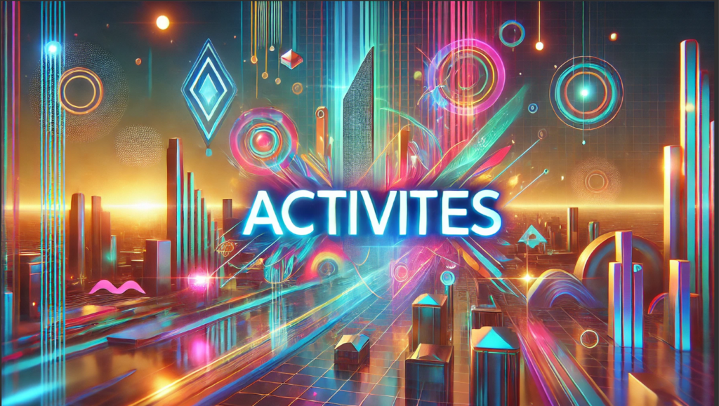 Image futuriste et colorée avec des éléments géométriques et le mot "ACTIVITES" en lettres lumineuses, représentant la rubrique des activités du site lafistiniere.com.