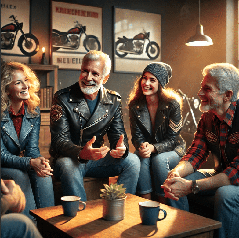 Groupe de personnes en blousons de cuir partageant un moment de complicité et de rire, lors d’un atelier TransmiFFIon collectif, dans un cadre confortable et chaleureux.