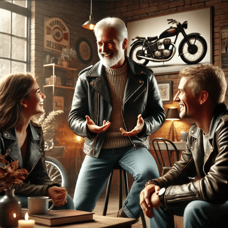 Trois personnes souriantes en blousons de cuir, engagées dans un atelier TransmiFFion, dans une ambiance chaleureuse de café.