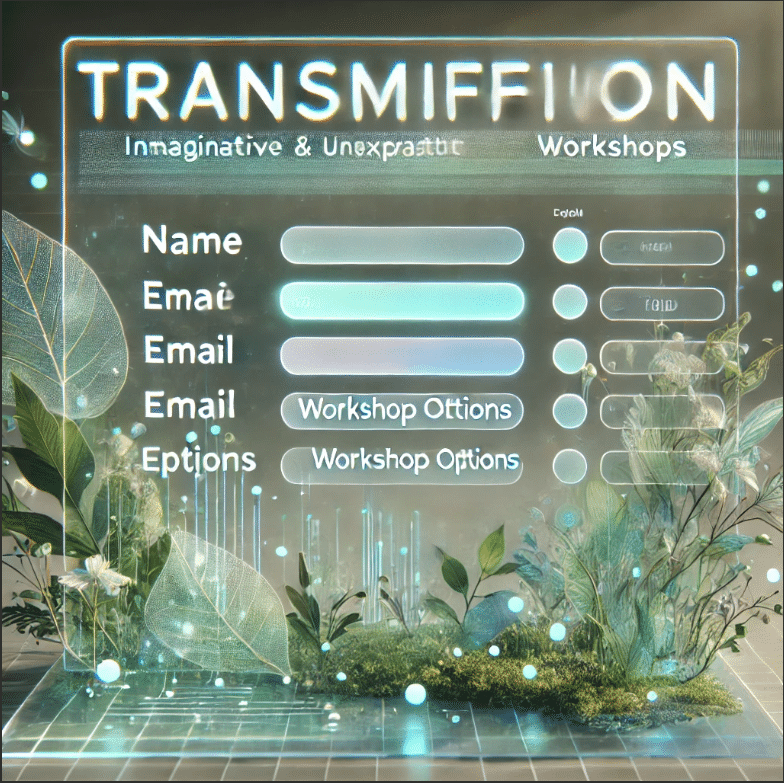 Interface futuriste pour l'inscription aux ateliers "TransmiFFion" avec des éléments de la nature intégrés (feuilles et plantes).