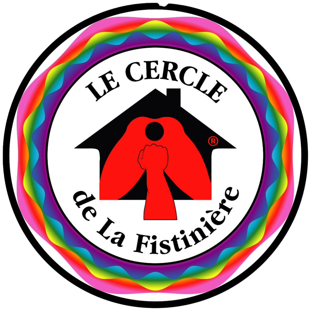 Logo du Cercle de La Fistinière avec un poing levé et une maison stylisée, entouré d'un cercle aux couleurs arc-en-ciel