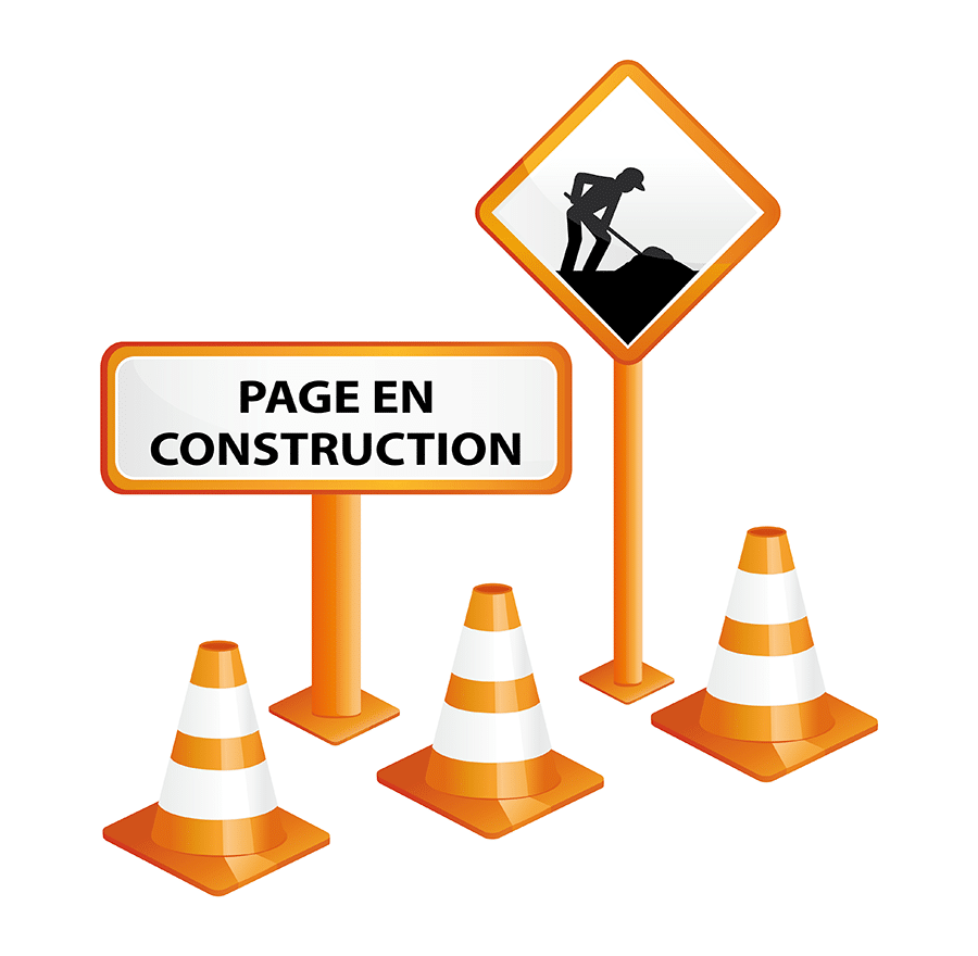 Image de signalisation indiquant "Page en construction" avec cônes de sécurité et panneau de travaux